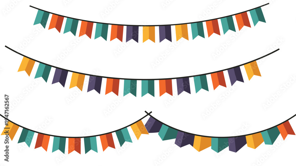 Fototapeta premium Three long rows of colorful flag bunting banners in muted orange teal purple and gold tones over a white background.