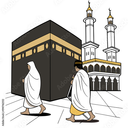 Islamic pilgrims walking around sacred kaaba building