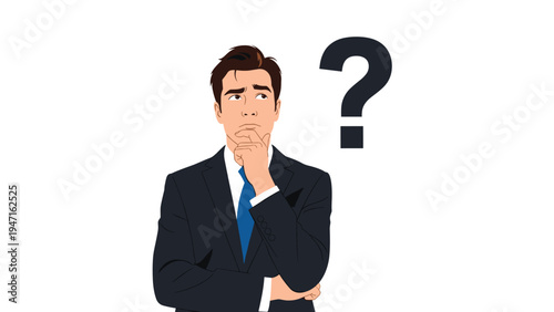 Confused businessman in a dark suit touching his chin in a thinking gesture with a large black question mark next to him.