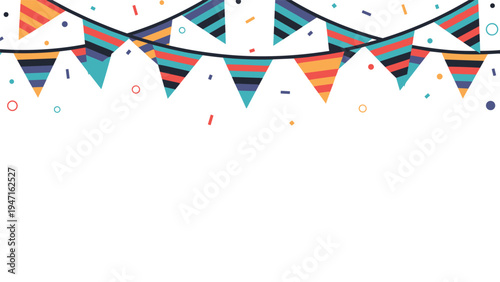 Colorful triangular bunting banners with stripes and dots hanging amidst scattered confetti pieces on a white background.
