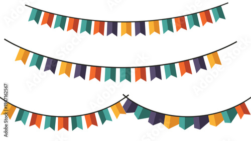 Three long rows of colorful flag bunting banners in muted orange teal purple and gold tones over a white background.
