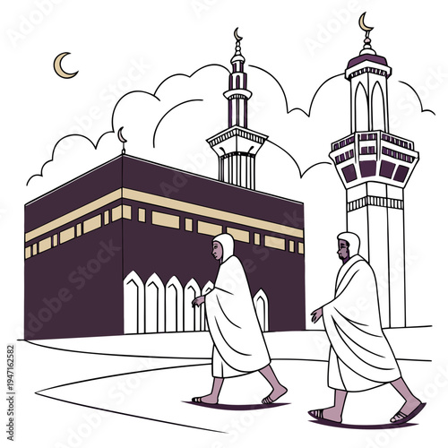 Of two men in white robes walking towards a mosque at night