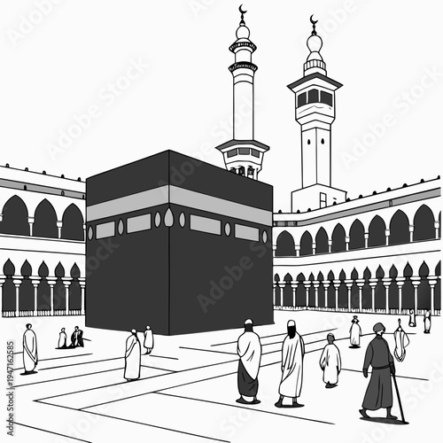 Realistic of holy courtyard with Kaaba and people mosque