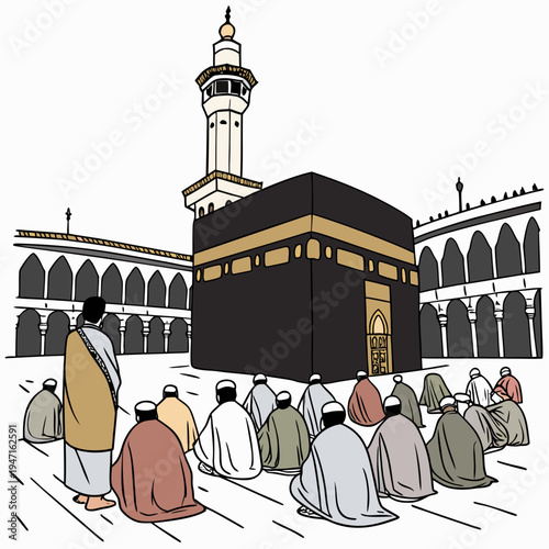 People gathered around the Kaaba in Mecca with a tall minaret