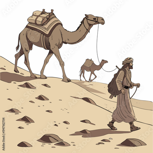 Camel caravan leader walking two camels through desert