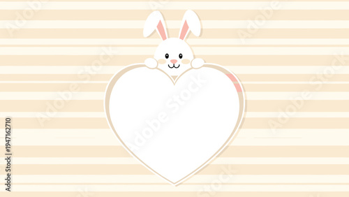 Cute white cartoon bunny peaking over a large white heart-shaped frame on a soft beige and white horizontal striped background.