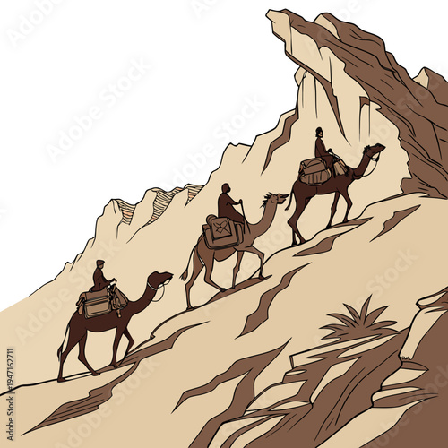 Camel caravan climbing desert mountain with riders