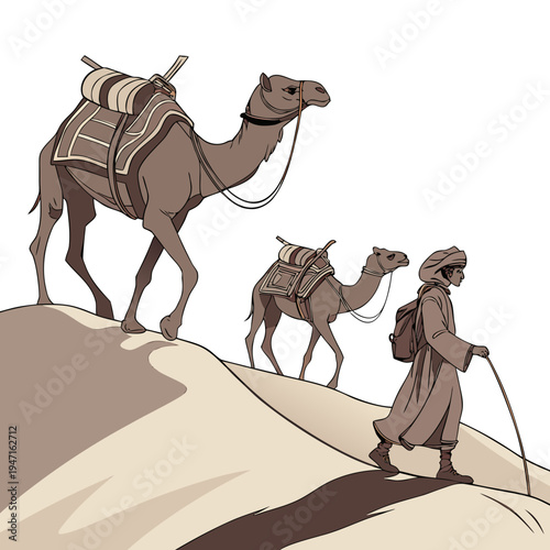 Camels and handler on desert dune dunes walking