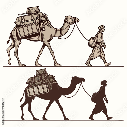 Camel caravan with luggage and handler in sepia tones