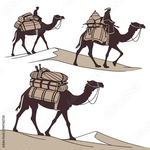 Camels walking with riders and cargo on desert sand dunes