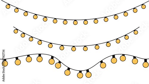 Three rows of glowing yellow bulb string lights hanging against a white background in both straight and wavy lines.