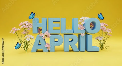 Bright cheerful hello april greeting design with flowers butterflies and vibrant yellow background