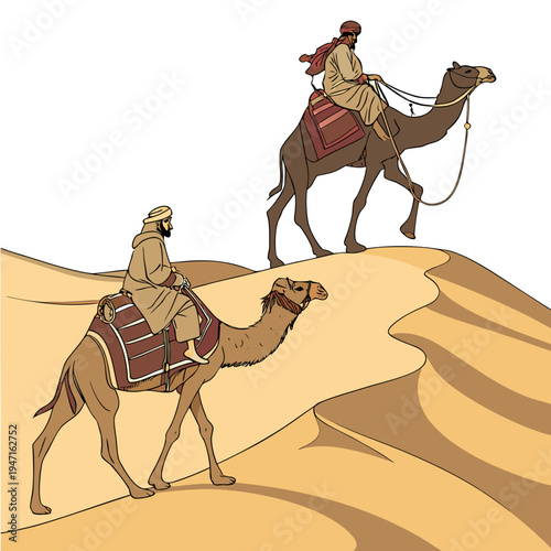 Desert riders on camels with red and brown saddles