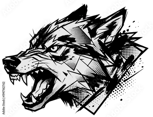 A modern abstract wolf totem with brush and halftone textures. This high‑contrast design works well on streetwear and stickers by combining tribal energy