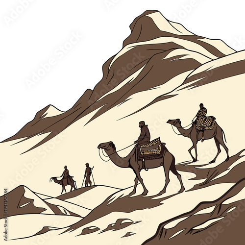 Desert camel caravan walking up mountain with riders and walking stick