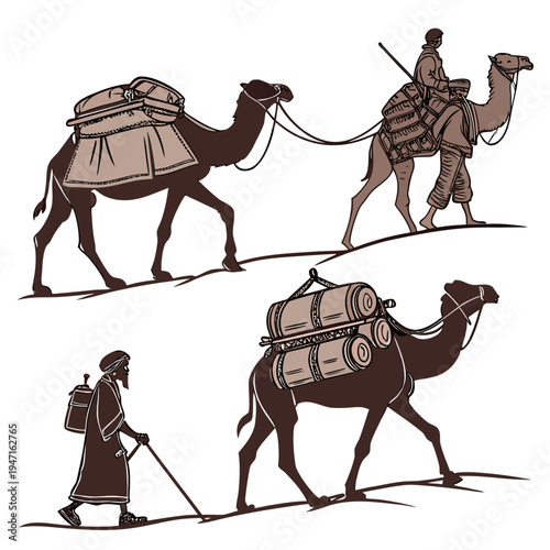 Nomadic journey with camels and traveler desert