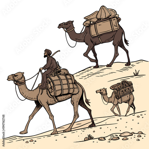 Desert nomad leading two loaded camels caravan desert journey