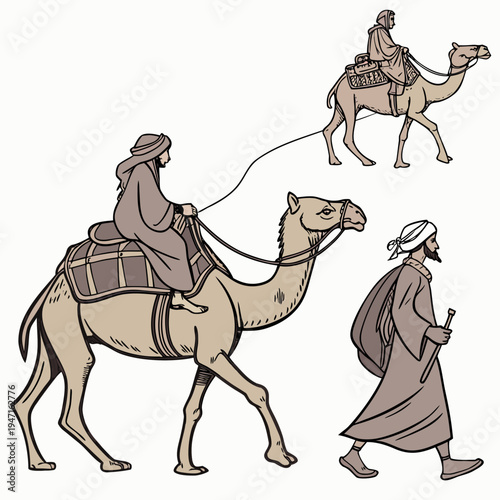 Nomadic travelers with camels walking desert