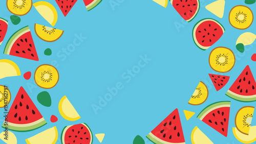 Vibrant summer background featuring slices of red watermelon and yellow kiwi fruits scattered on a bright blue surface.