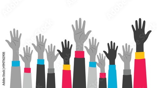 Group of raised human hands with gray skin tones and various brightly colored sleeves reaching upwards on a white background.
