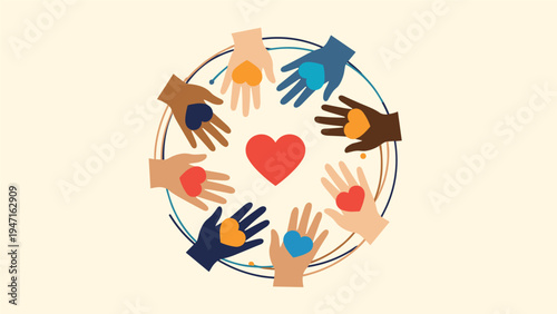 Hands of diverse skin tones in circle with colorful hearts symbolizing global unity, peace, love, and community togetherness on beige.