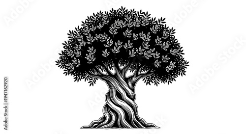 Intricately designed black and white illustration of a twisted ancient tree with detailed leaves.