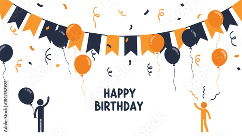Festive happy birthday background featuring a banner garland, orange and black balloons, confetti, and silhouettes of cheering people.