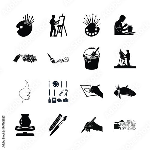 Art and Creative Studio Icon Set: Vector Silhouettes for Painting, Pottery, Photography, Graffiti, and Fine Arts