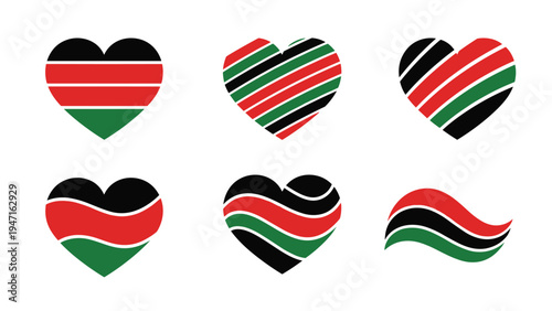 Collection of heart shapes and a flowing wave motif designed with red black and green stripes representing pan african pride and heritage.