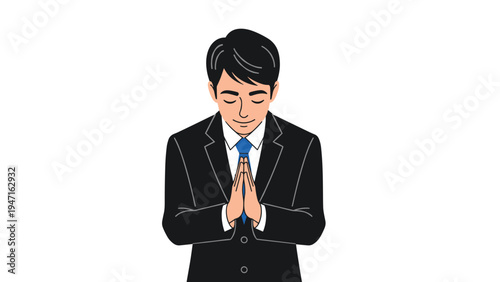 Japanese businessman wearing a black suit is shown bowing with hands together in a respectful gesture of greeting or apology.