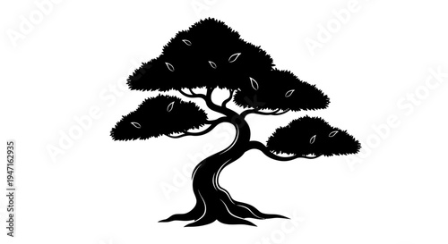 Stylized black silhouette of a bonsai tree with curved branches and dense foliage.