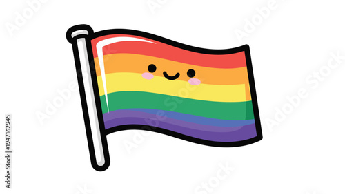 Adorable rainbow flag character with a smiling face and pink cheeks representing lgbtq pride and inclusivity on a white background.
