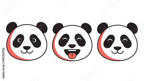 Set of three cute panda bear head illustrations featuring neutral happy and silly expressions with a red shadow effect on white.