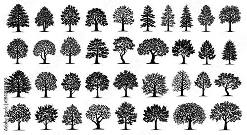 Collection of various black silhouette tree shapes and styles in a row.