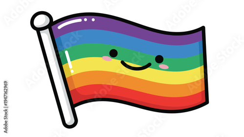 Cheerful rainbow flag character with a smiling face and pink cheeks representing pride and inclusivity against a white backdrop.
