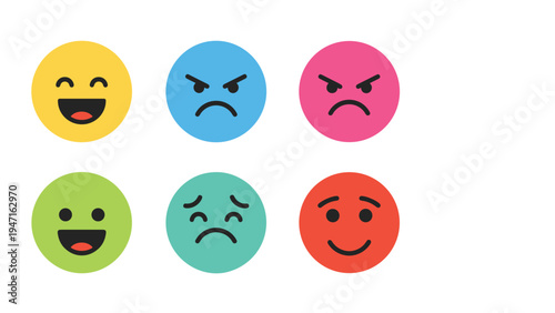 Set of six circular smiley face icons in various colors depicting happy angry sad and neutral emotions on a clean white background.