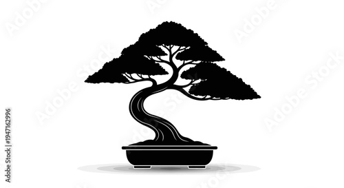 Stylized black silhouette of a bonsai tree with curved trunk in a shallow pot.