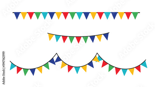 Vibrant collection of party bunting garlands with multi colored triangular flags in straight curved and layered strings on white.
