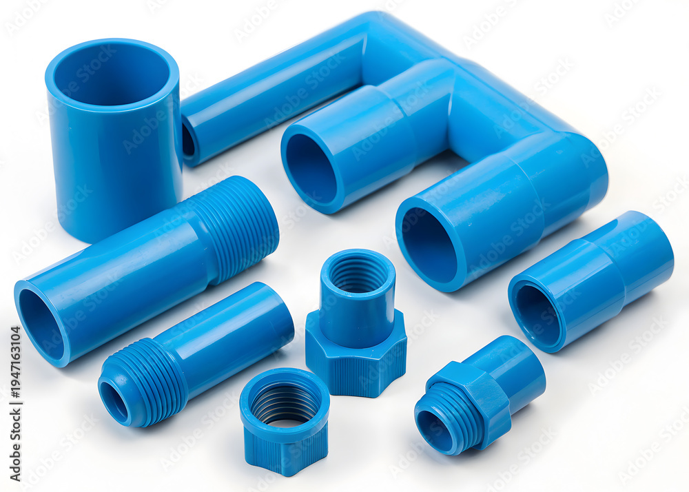 Fototapeta premium Assortment of blue plastic pipes and various plumbing fittings on a transparent background