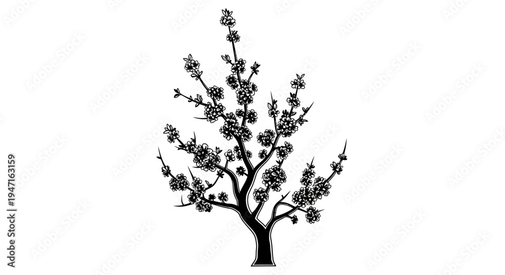 Obraz premium Silhouette of a flowering tree with delicate branches and blossoms.