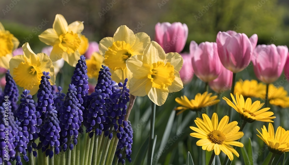 Obraz premium Beautiful Mixed Flower Garden With Tulips, Lavender, And Sunflowers High Resolution Photo