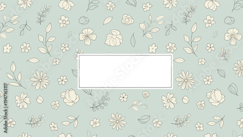 Floral background with a central white rectangular frame is decorated with cream-colored hand-drawn flowers and leaves.