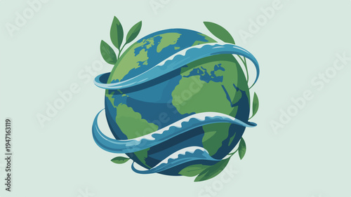 Earth with swirling waves and leaves symbolizing environmental conservation and sustainability