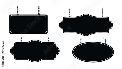 Set of four classic black silhouette hanging signs in different shapes suspended by thin metal chains against a white background.