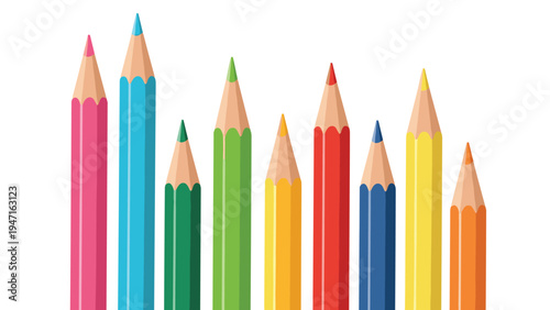 Collection of vertical colored pencils in a row featuring vibrant shades like pink blue green yellow red and orange on a white background.