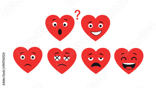 Collection of red heart characters featuring different emotional expressions like happy sad angry shocked and laughing on a white backdrop.