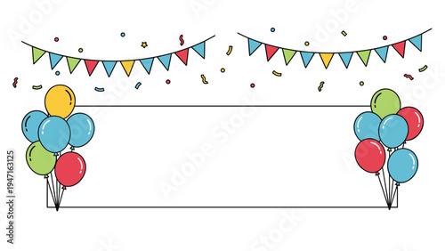 Festive template featuring a white rectangular frame surrounded by colorful bunting balloons and confetti for personalized celebration messages.