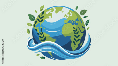 Earth globe with flowing water and green leaves symbolizing eco friendly environment and sustainability