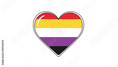 Heart shape with the yellow white purple and black stripes of the non binary pride flag representing identity and inclusivity on white.