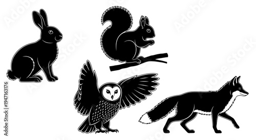 Silhouettes of forest animals including rabbit squirrel owl and fox.
